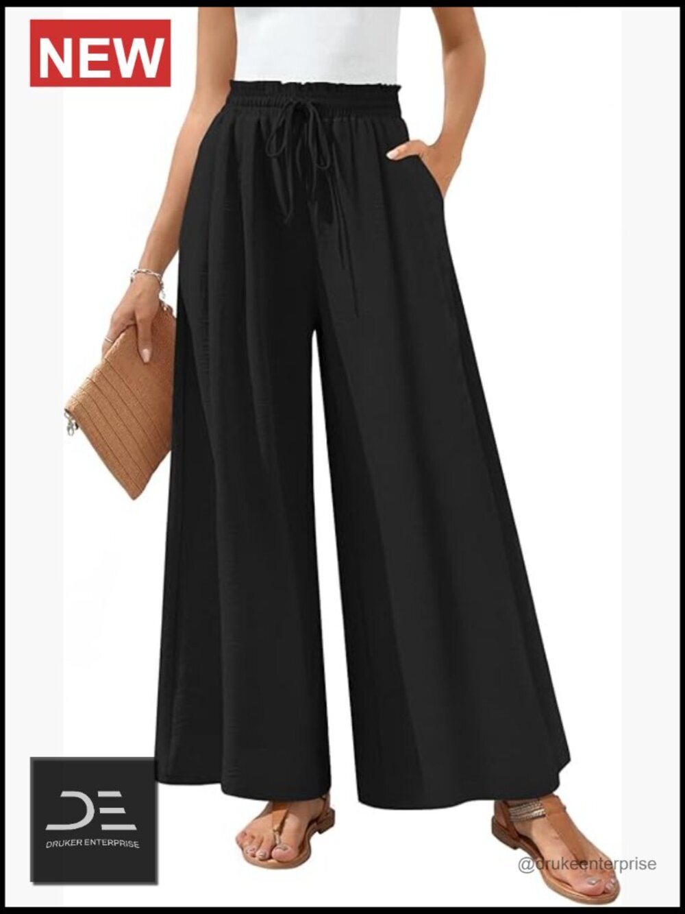 Wide Leg Palazzo Pants with Pockets Elastic Waist Dressy Casual Flowy Gaucho